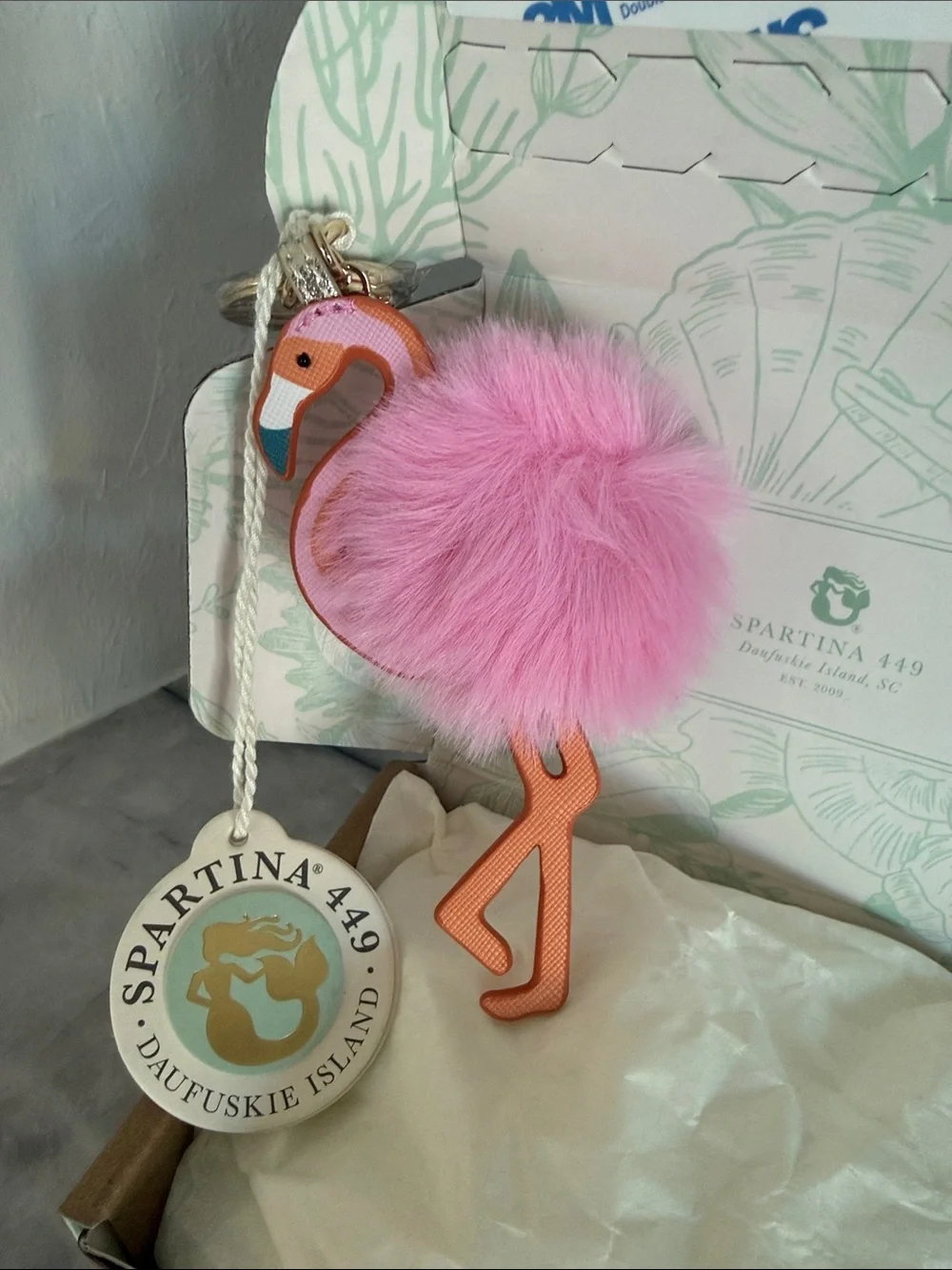 Spartina Pink  Flamingo poof keychain NWT